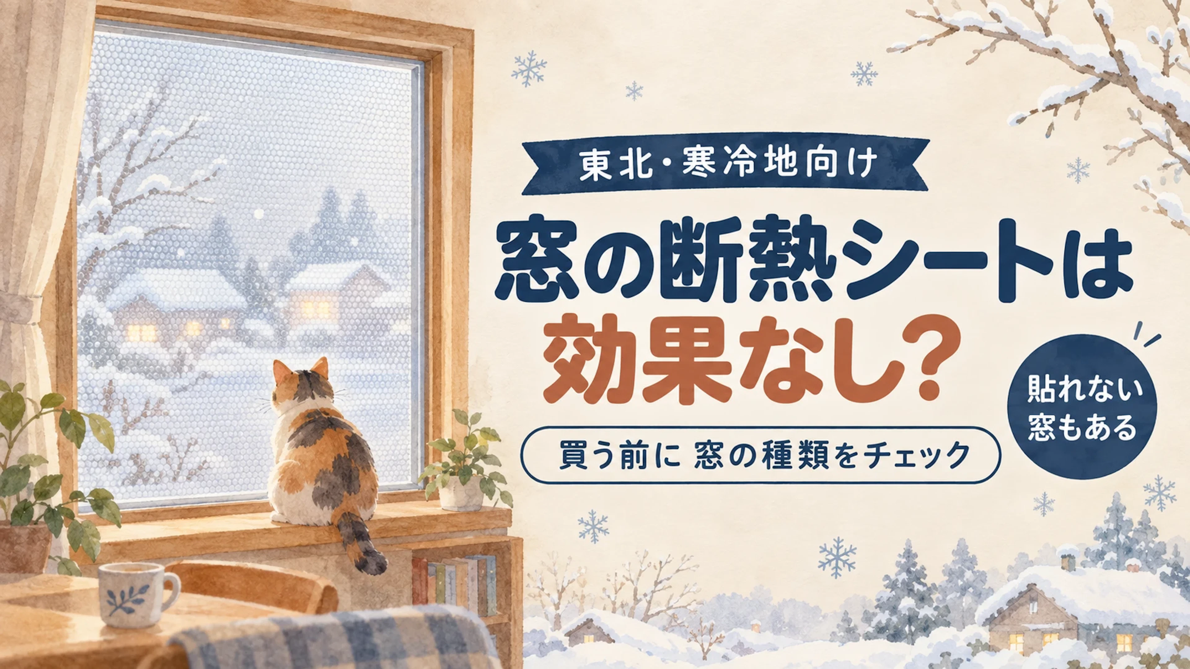 雪の日、断熱シートを貼った窓辺で外を眺める猫