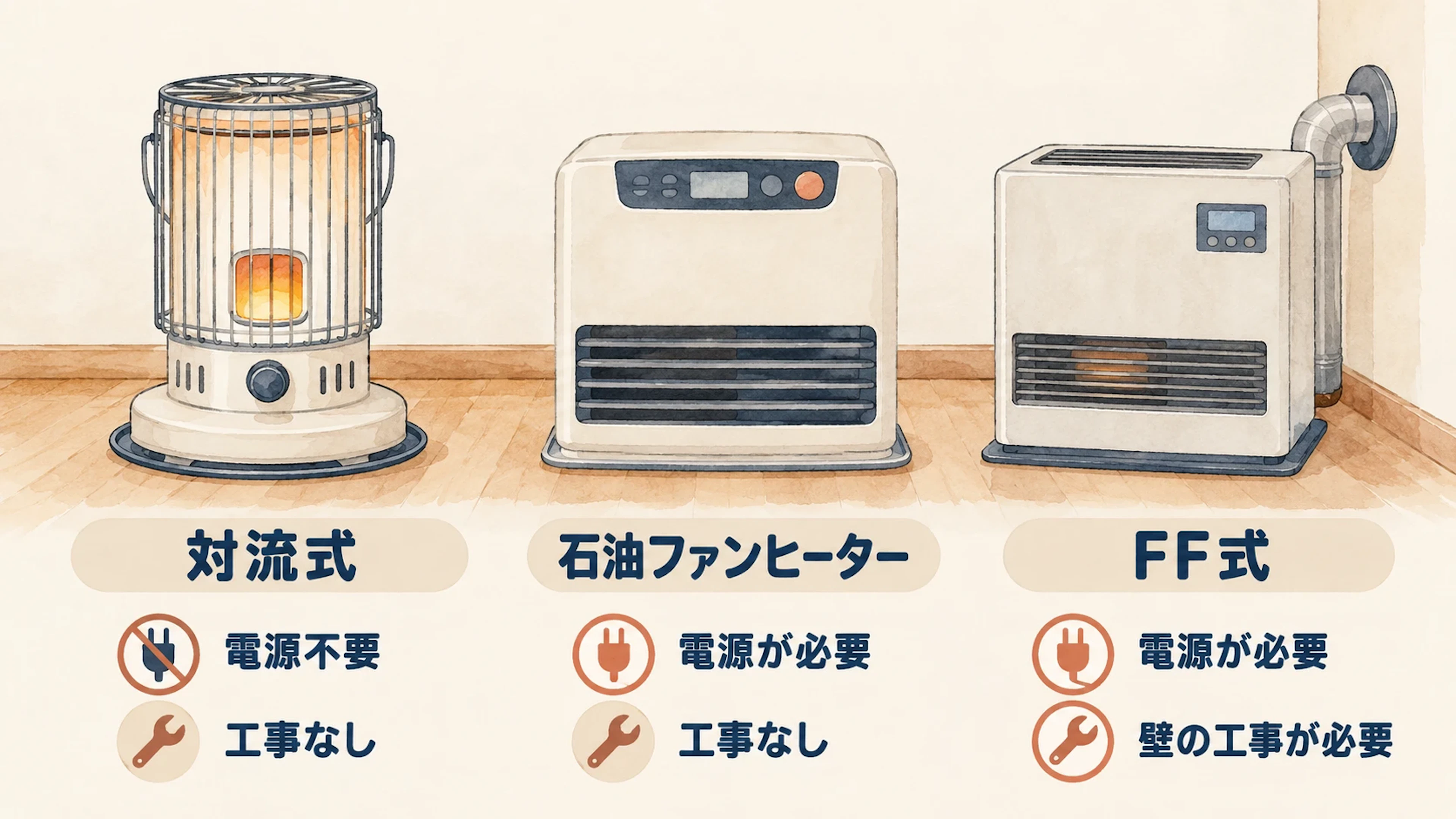 対流式は電源不要・工事なし、石油ファンヒーターは電源が必要・工事なし、FF式は電源が必要・壁の工事が必要