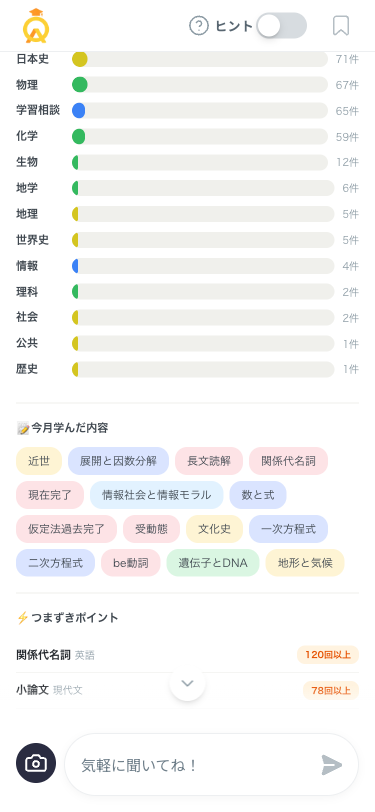 教科別の質問と学んだ内容