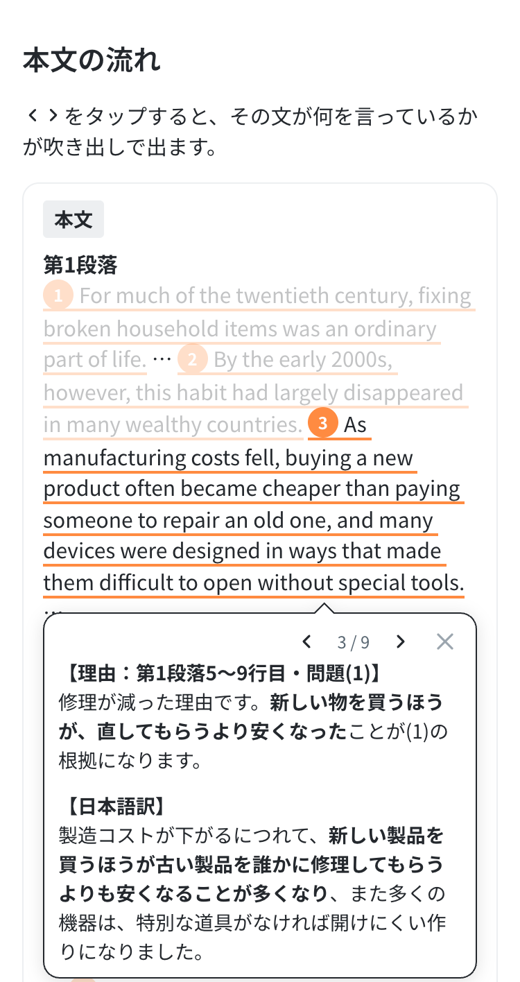 本文の流れ。段落ごとの大事な文に番号が付き、3番の文の役目と日本語訳が吹き出しで出ている画面