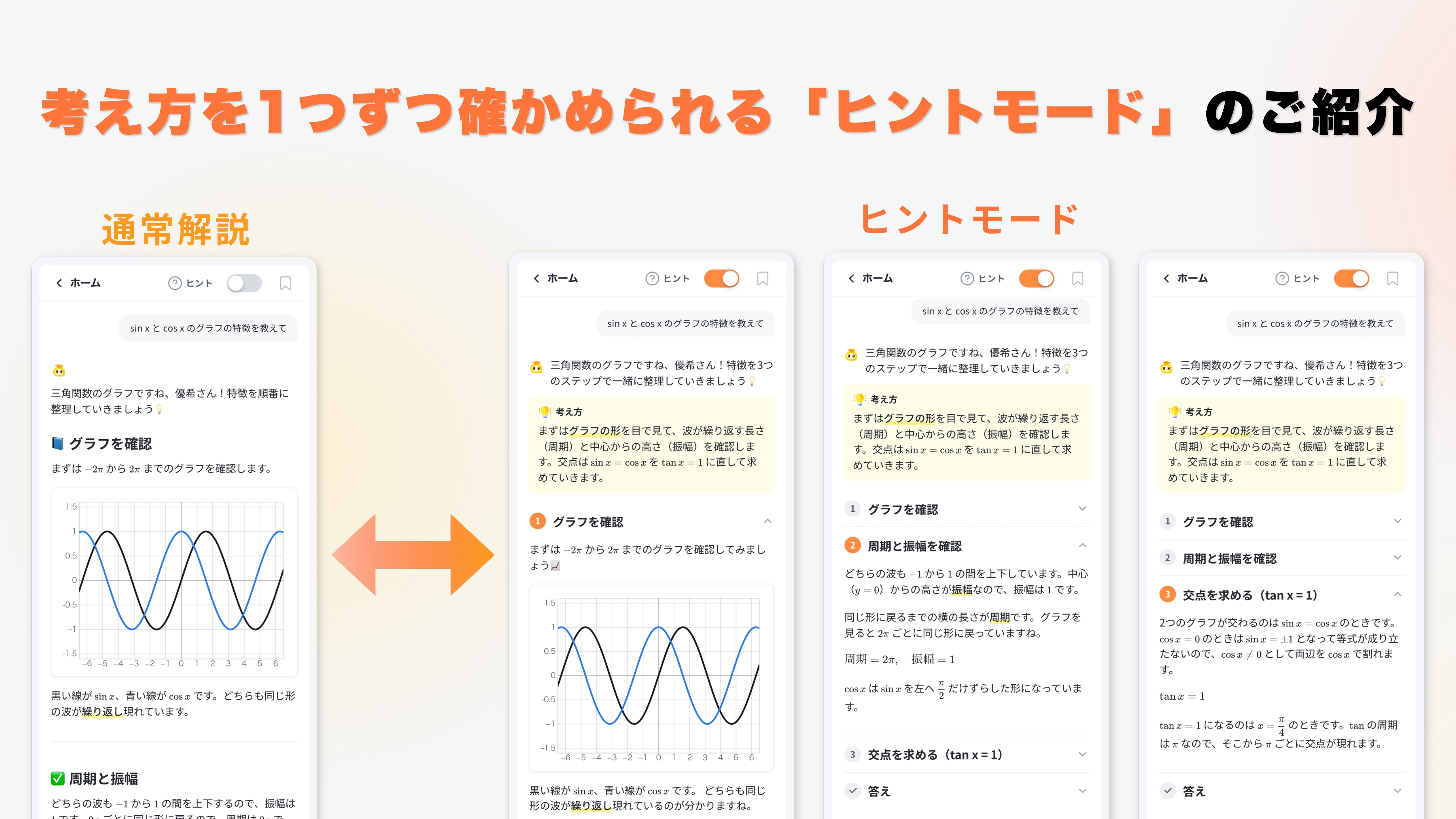 通常解説とヒントモードの画面の比較