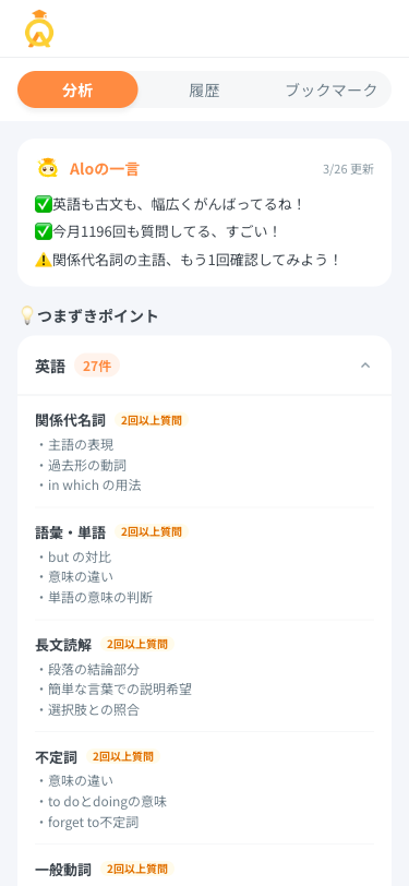 Alo 生徒の分析機能