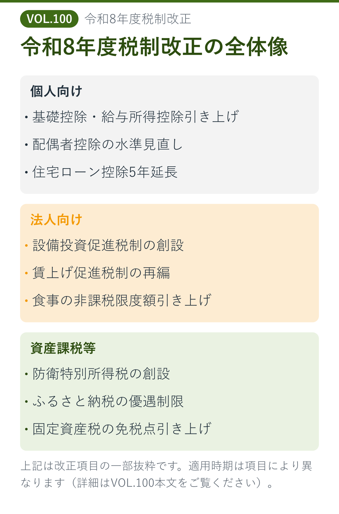 令和8年度税制改正の全体像を個人向け・法人向け・資産課税等の3分野に整理した図解