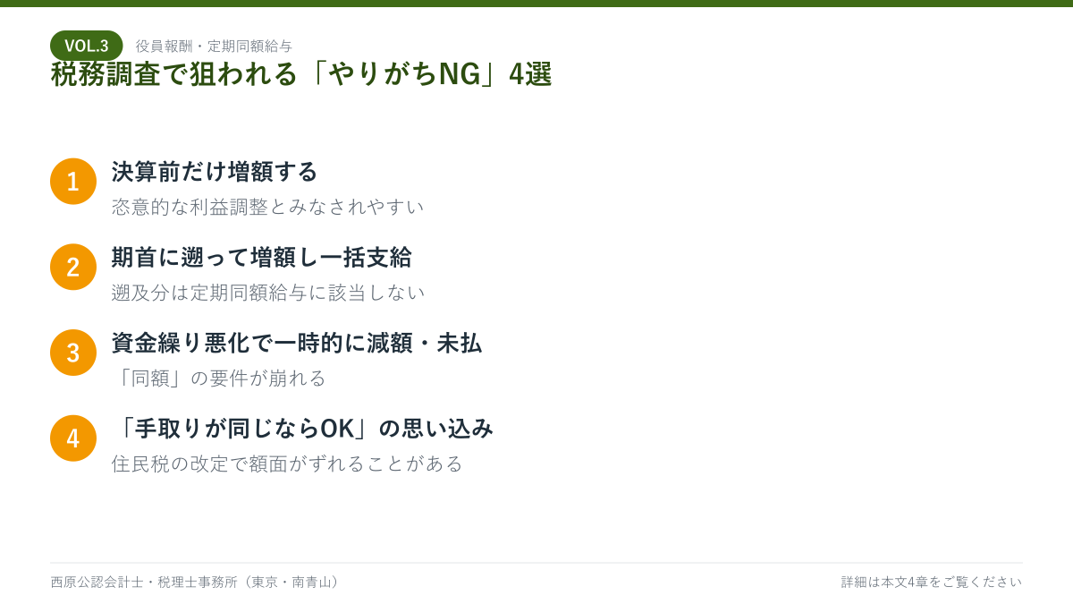 役員報酬の税務調査で問題になりやすい4つのNGパターンを示した図
