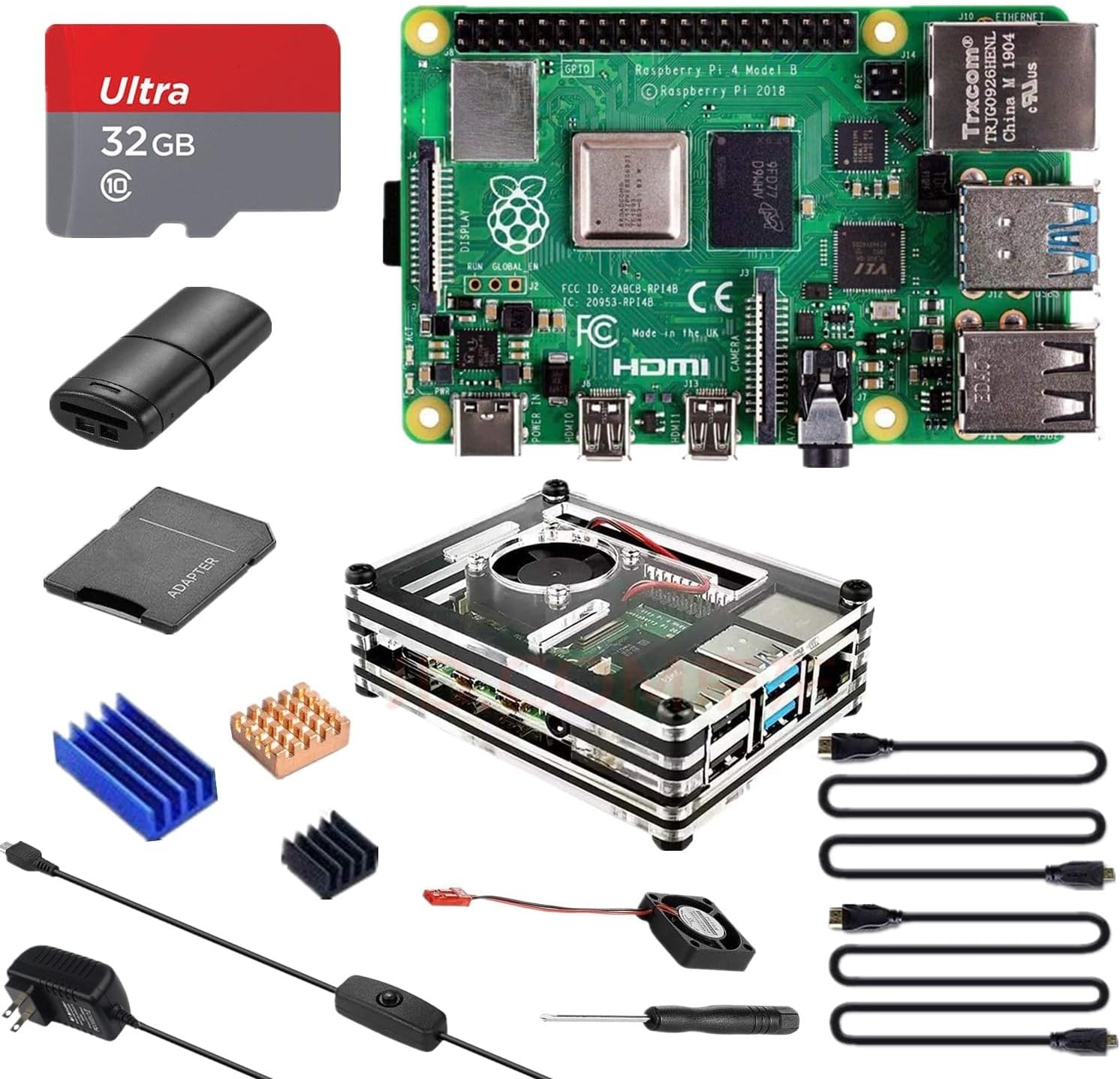 Raspberry Pi 4(4GB技適マーク付き)/ 32GBのメモリカード/ 5V 3A USB-Type-C ON/OFFスイッチ付き電源アダプター/2つのHD OUTケーブルライン/1つ9層ケース/冷却ファン/三つヒートシンク/ドライバー/カードリーダ