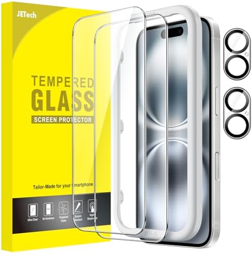 JETech iPhone 16 6.1インチ用 液晶保護フィルム+カメラレンズフィルム ガイド枠付き 強化ガラス製 HDクリア 2枚+2枚セット