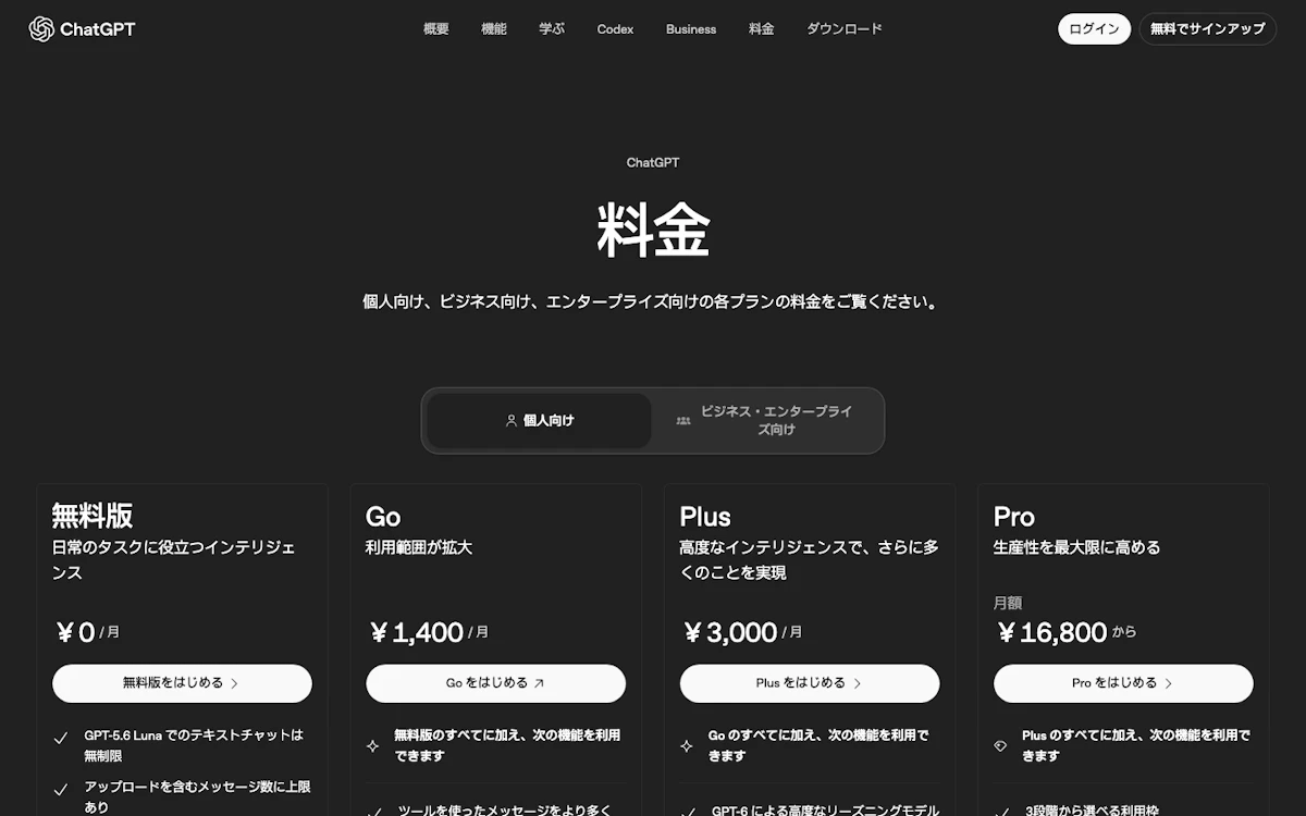 OpenAI ChatGPT Work 公式ページ