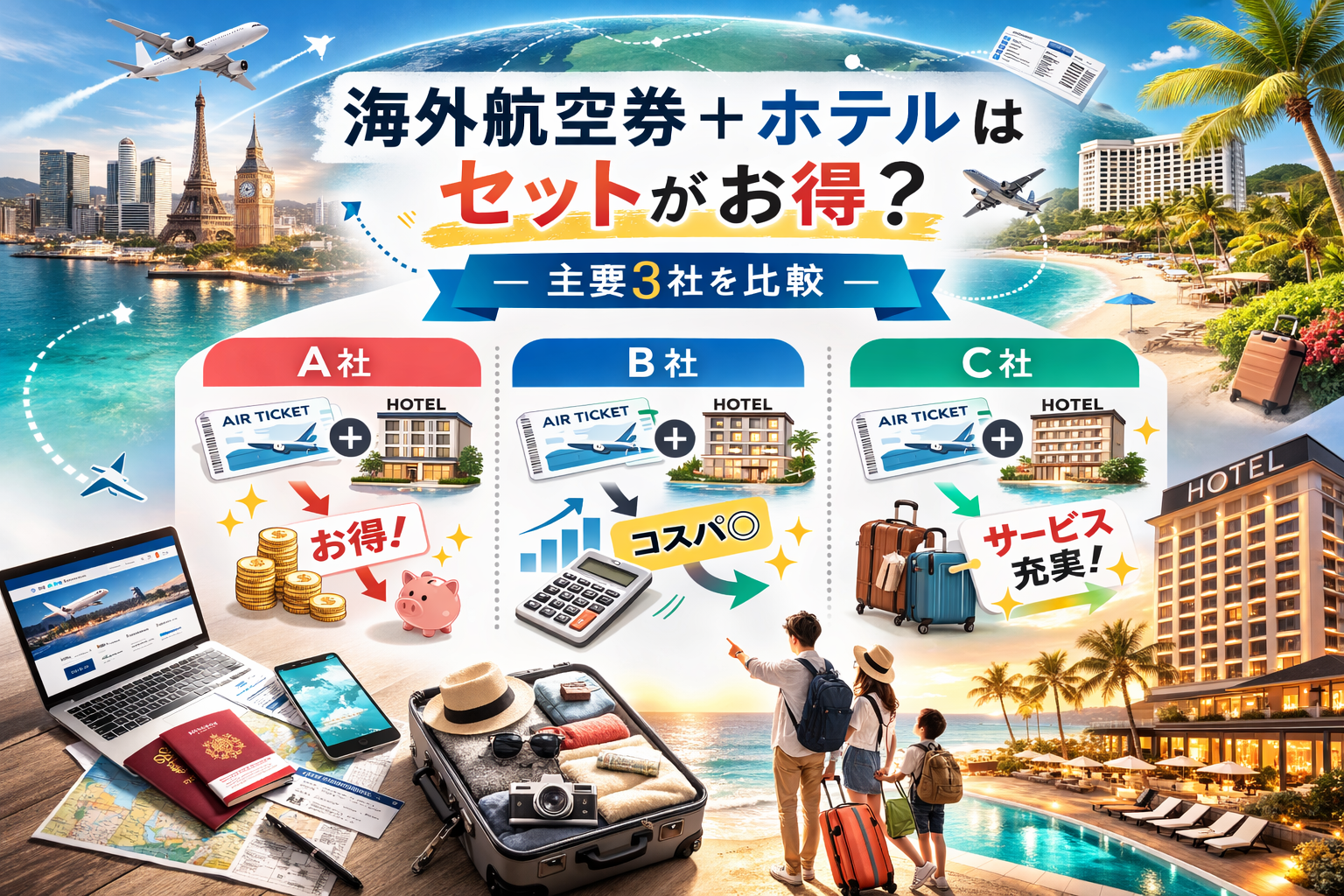 海外航空券+ホテルはセットがお得?主要3社を比較