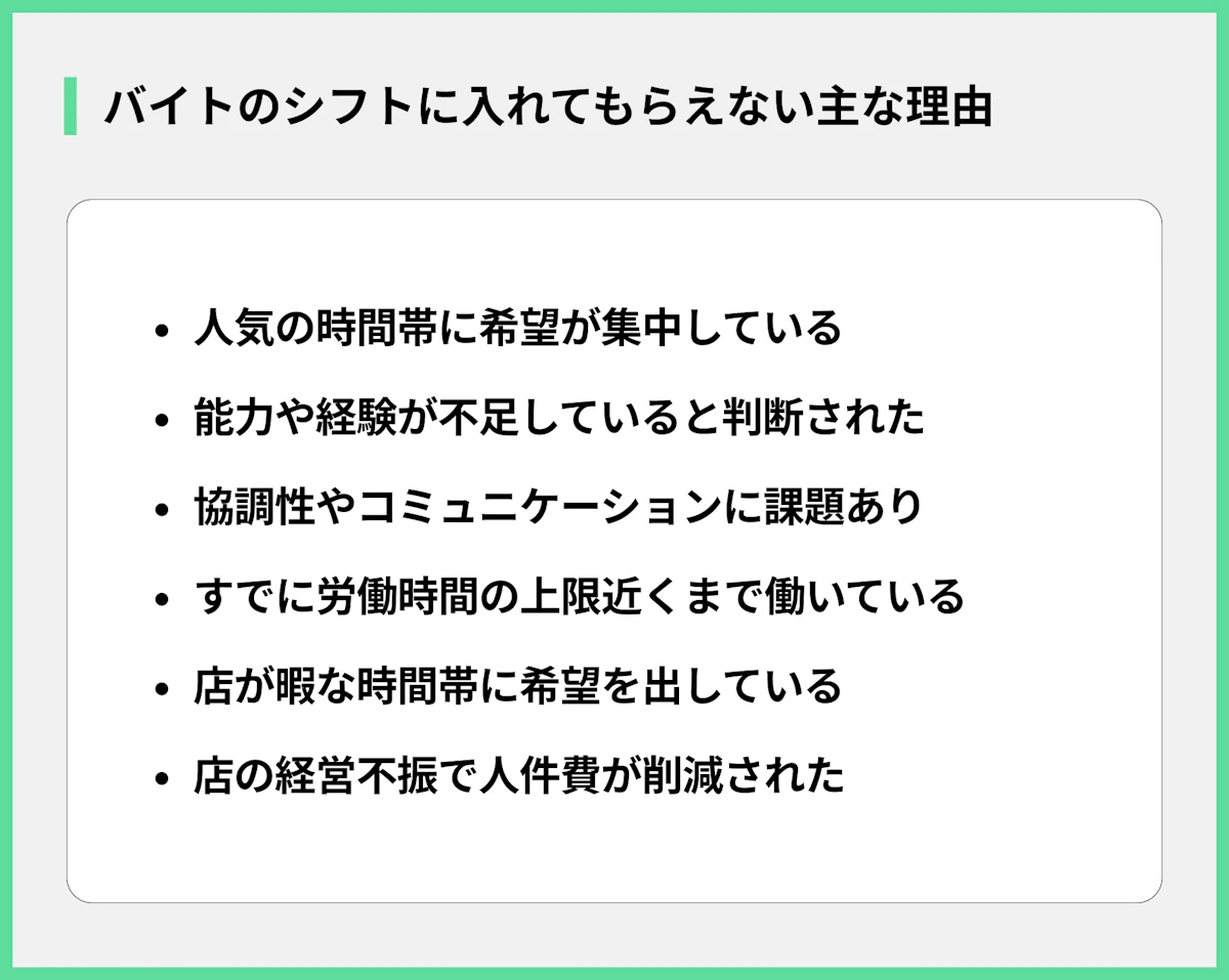 バイトのシフトに入れてもらえない主な理由