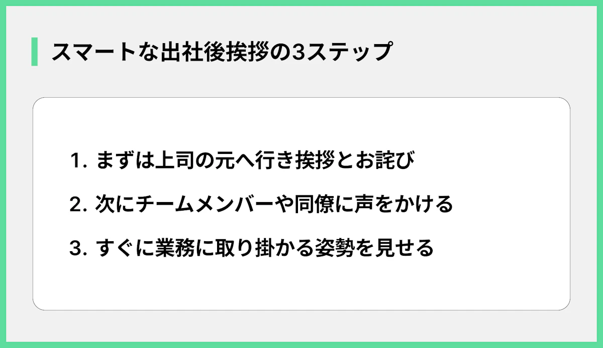 }スマートな出社後挨拶の3ステップ
