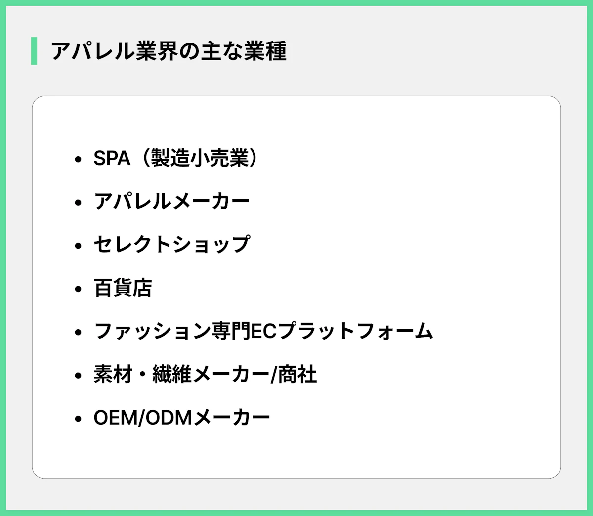 アパレル業界の主な業種