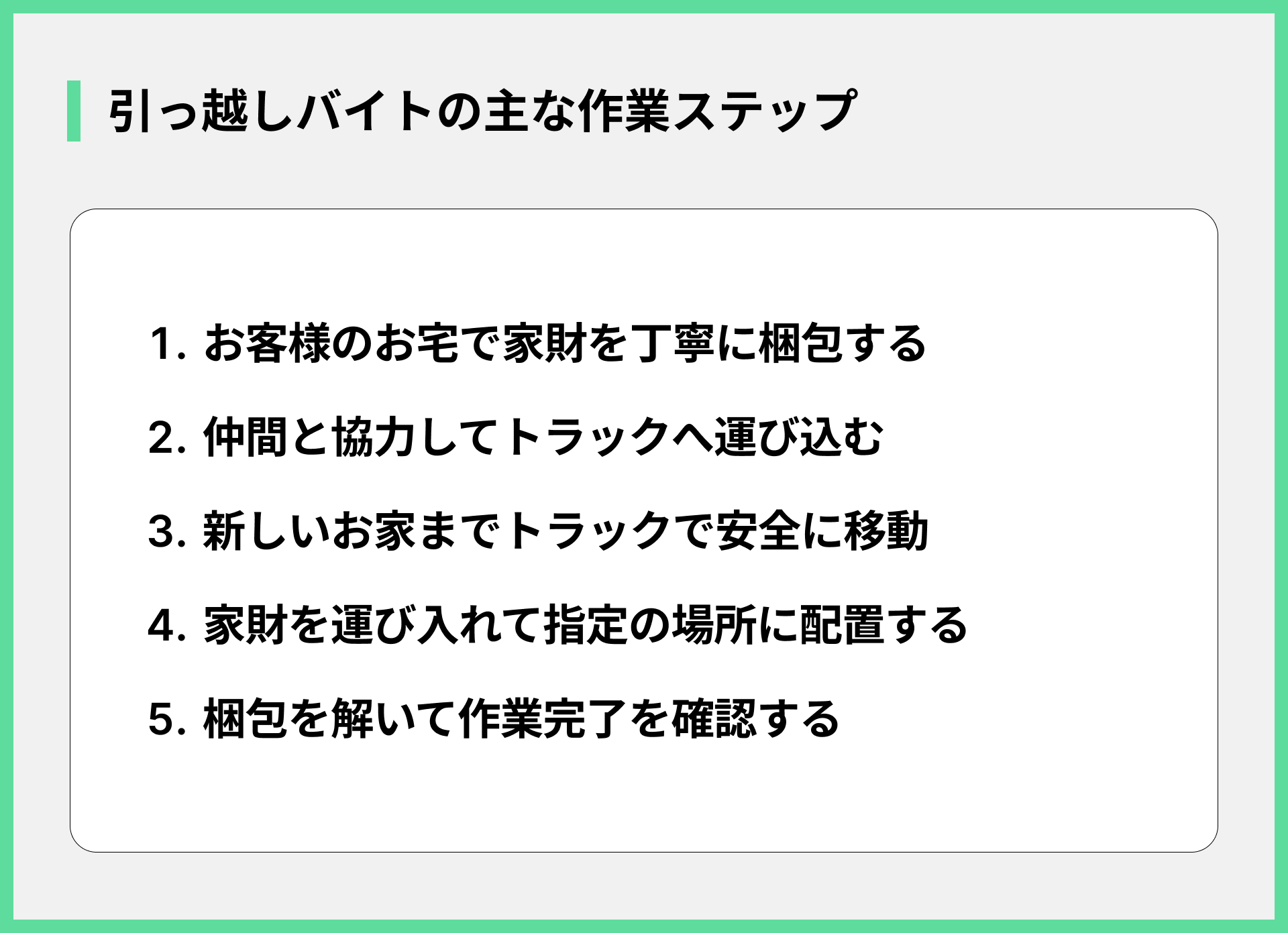 引っ越しバイトの主な作業ステップ