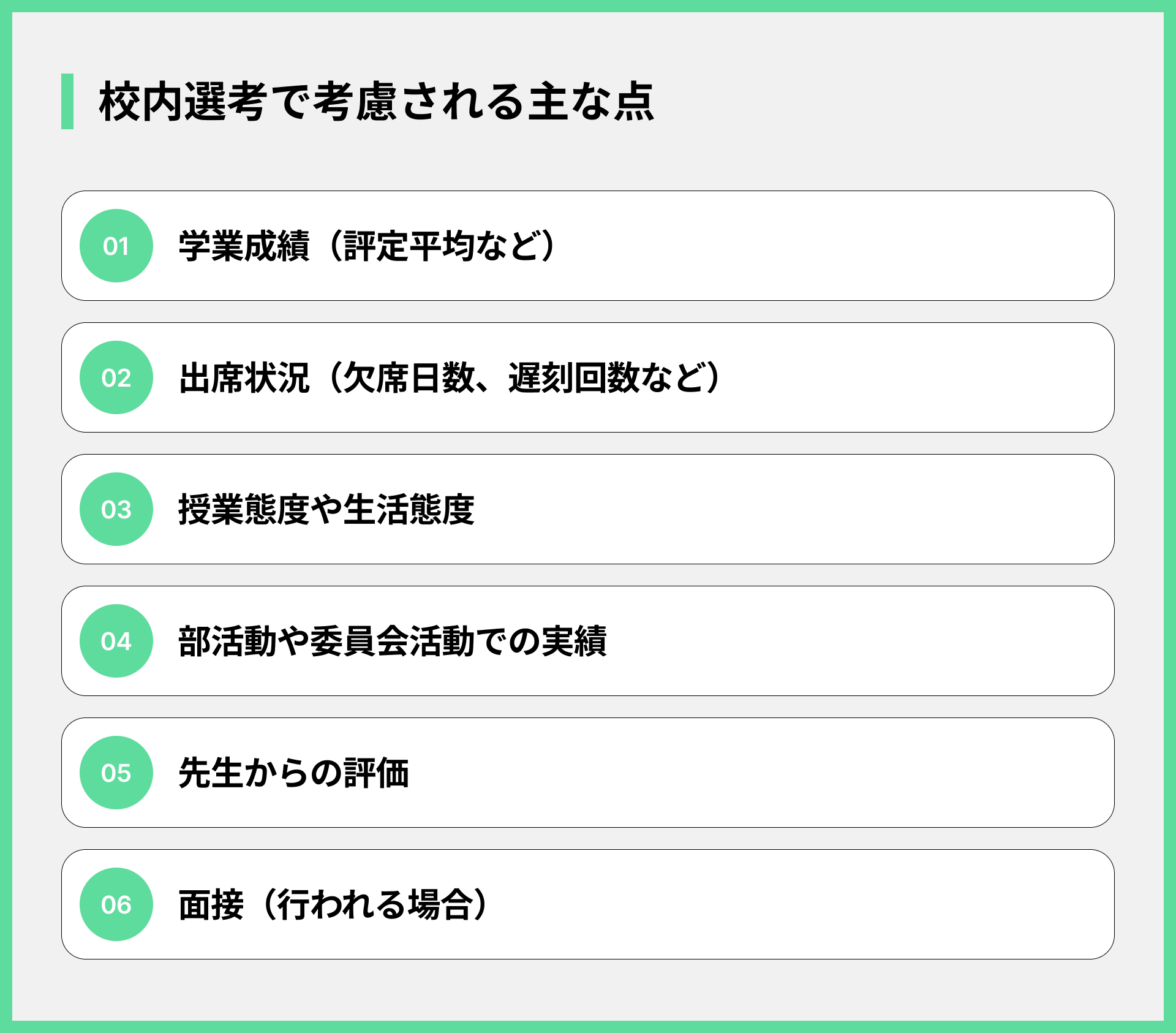 校内選考で考慮される主な点
