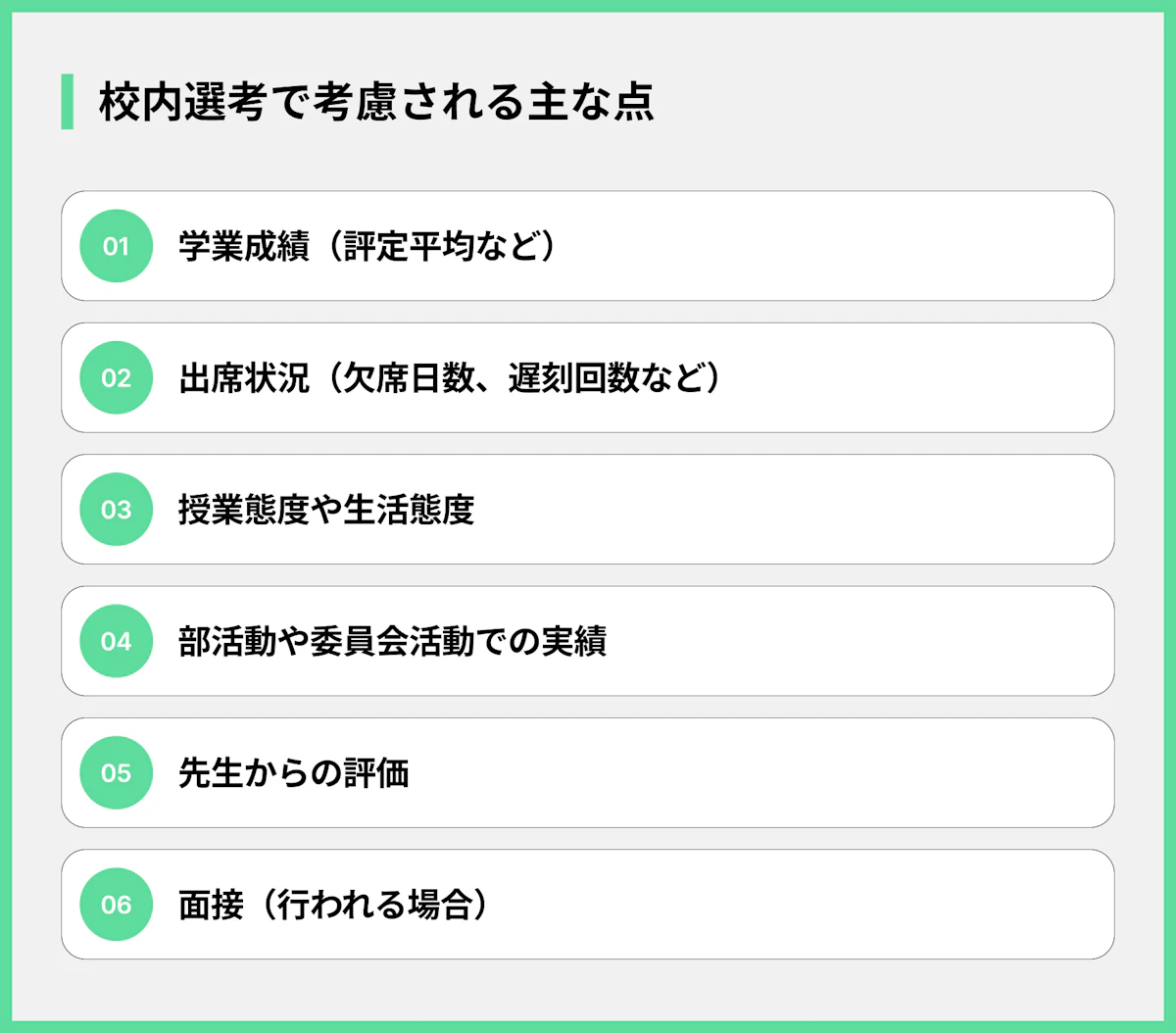 校内選考で考慮される主な点