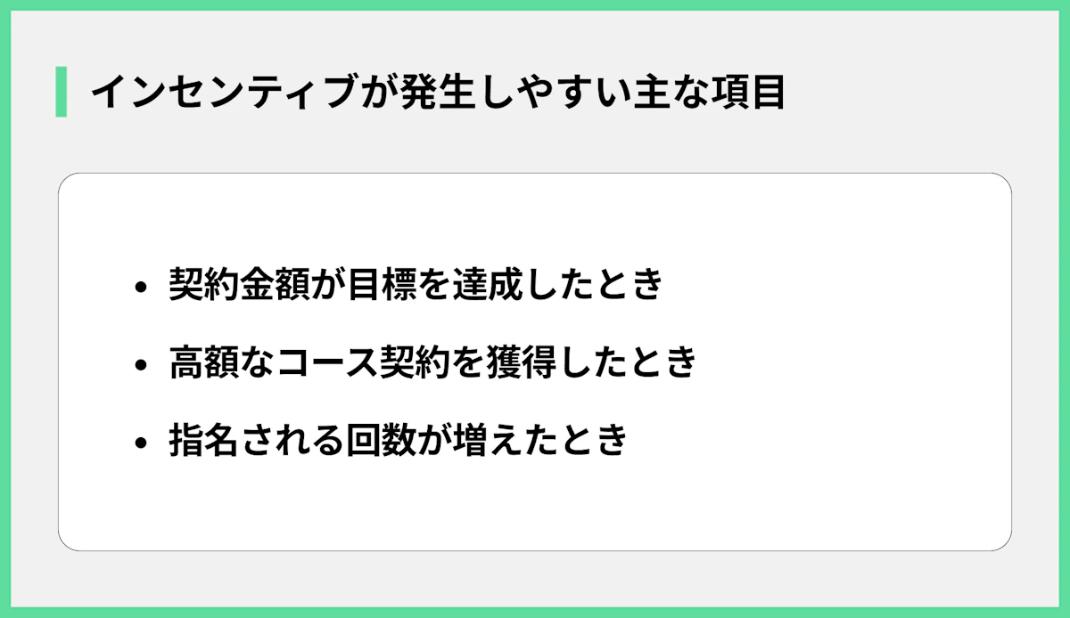 インセンティブが発生しやすい主な項目