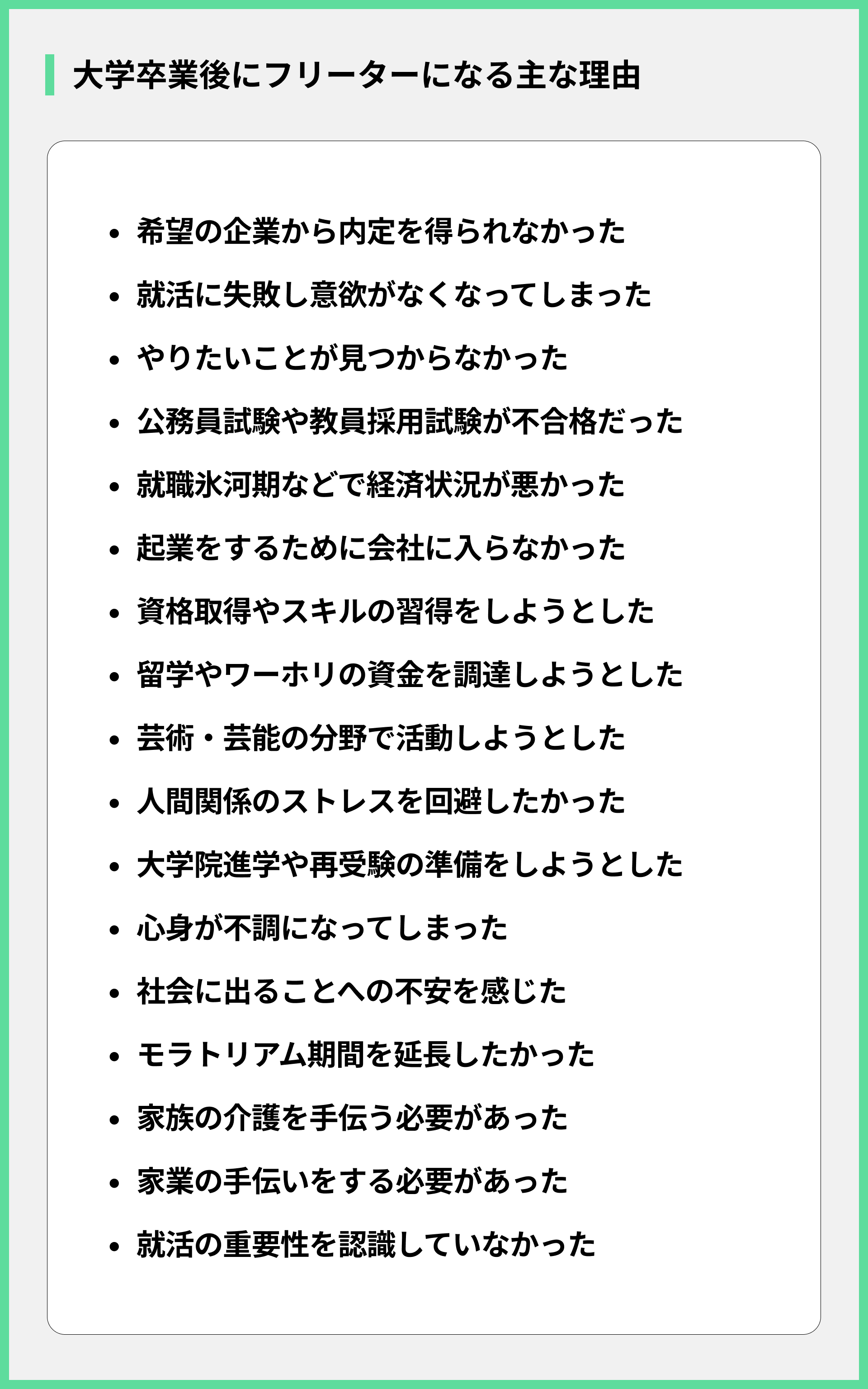 大学卒業後にフリーターになる主な理由