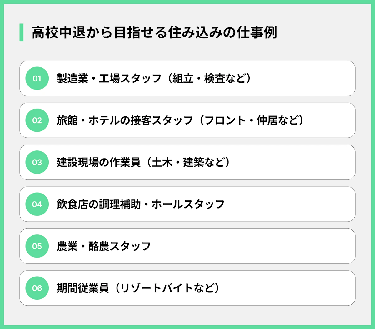 高校中退から目指せる住み込みの仕事例