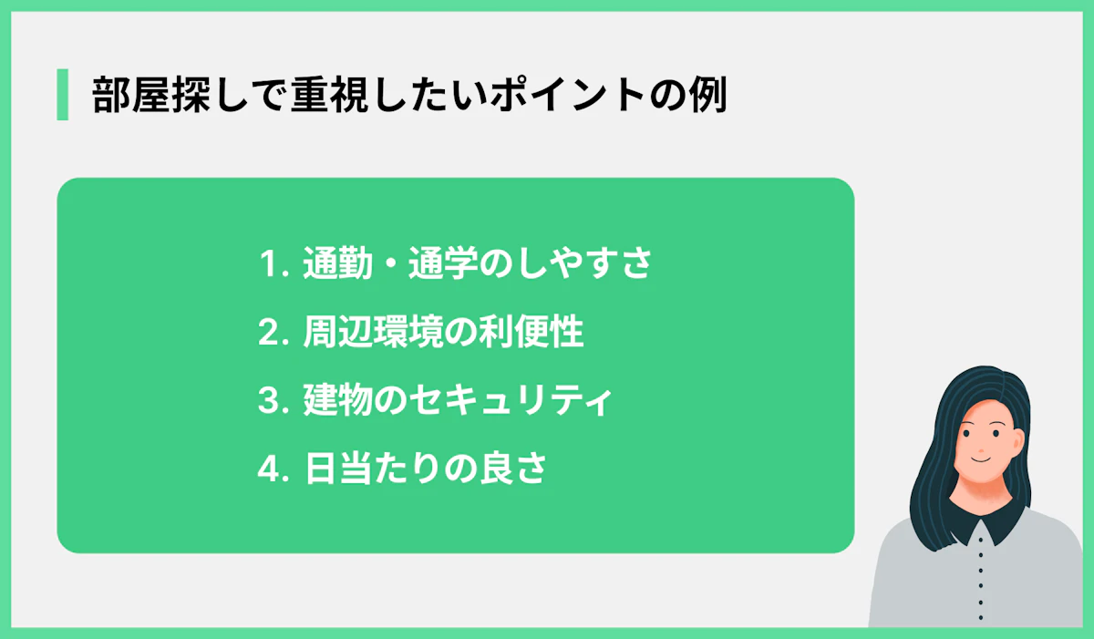 部屋探しで重視したいポイントの例