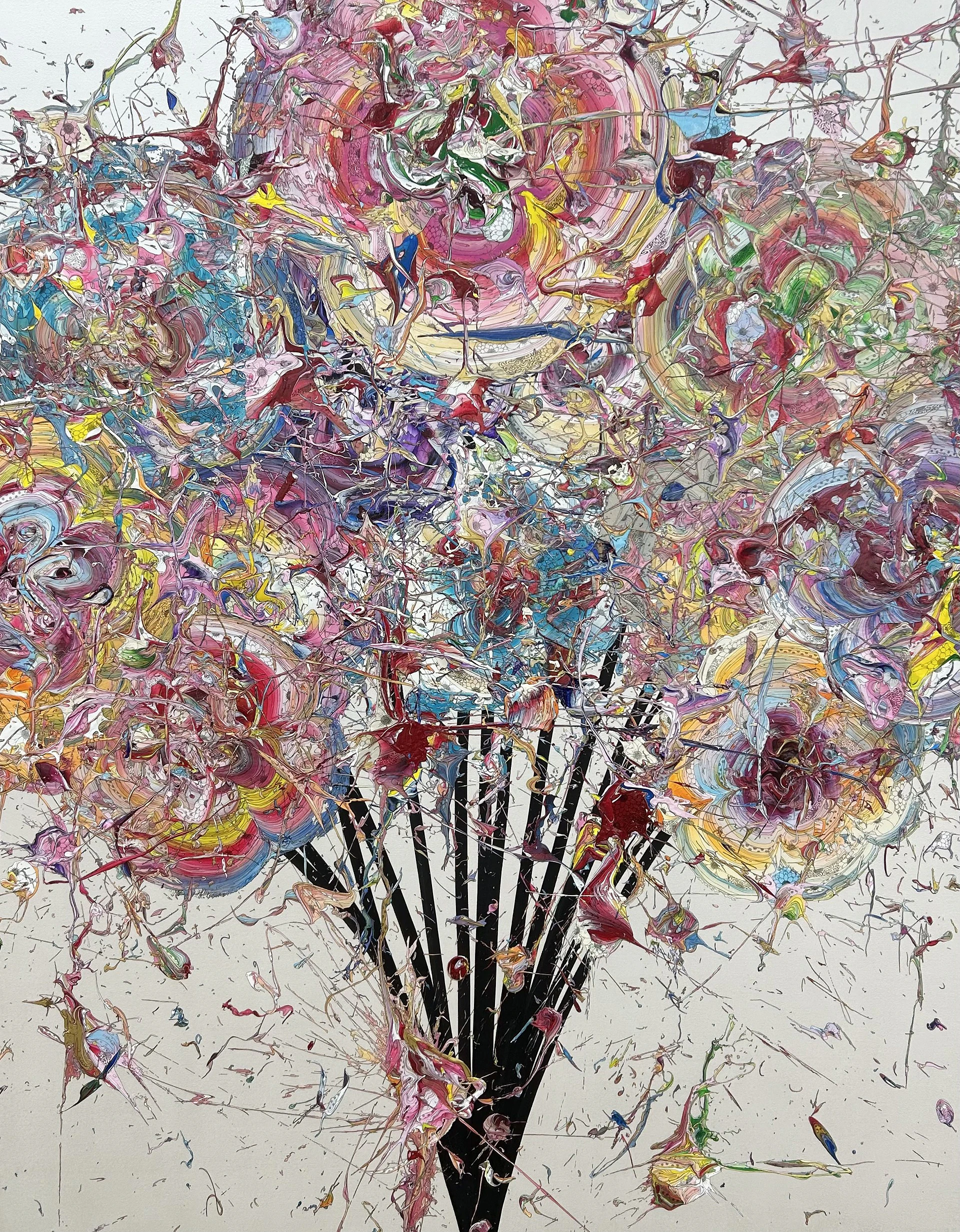 Exhibited work “Abstract Bouquet 260126 (Pearl White x Red)”  Acrylic paint, pigment ink on canvas, aluminum panel, 2026 H1620 x W1303 x D32mm