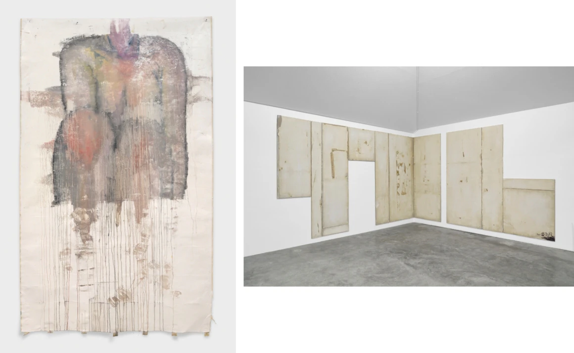 Left: Ser Serpas, “Untitled”, 2026, oil on canvas, 302.3 x 182.9 cm © Ser Serpas. Courtesy of O.R_C. Inc. and Taka Ishii Gallery / Right: Rafik Greiss, "Bitter to be present", 2025, plaster plates, patinated, 215 x 482 x 1.8 cm (Install at SIMIAN, Copenhagen, Denmark, curated by Fabian Flückiger) © Rafik Greiss.