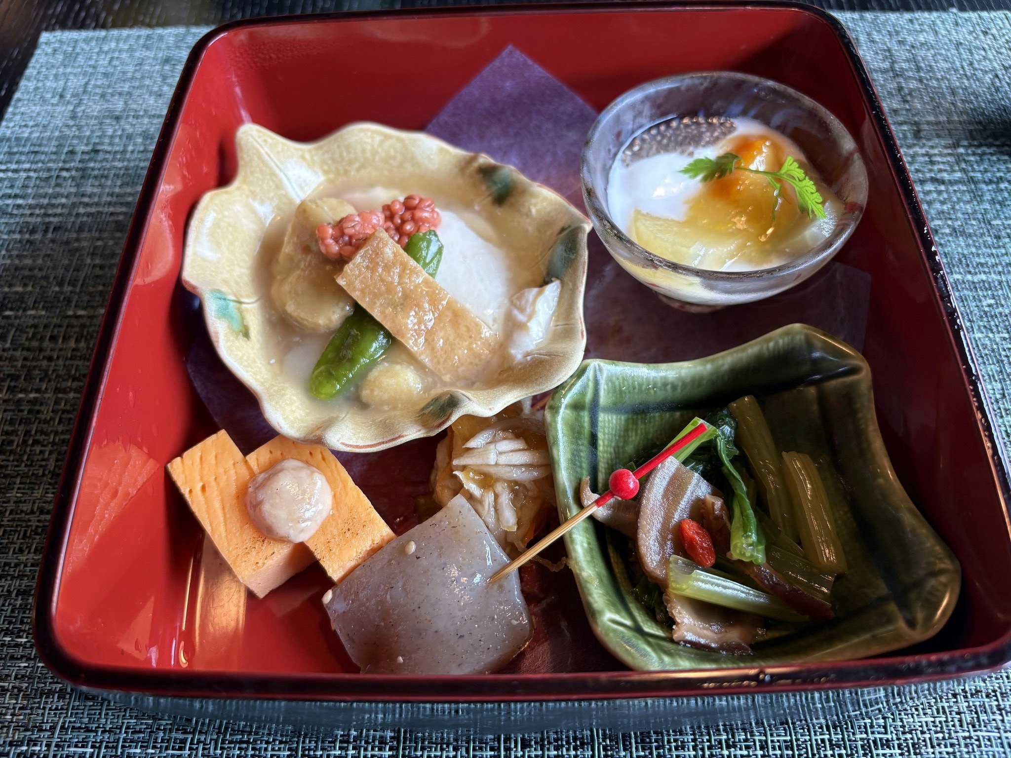 紫翠の朝食。赤い重箱に盛り付けられた前菜の数々
