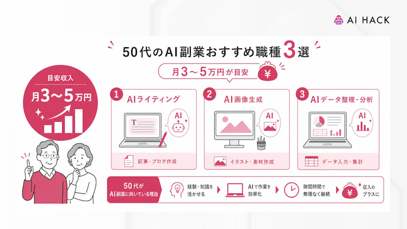 【月3〜5万円が目安】50代のAI副業おすすめ職種3選