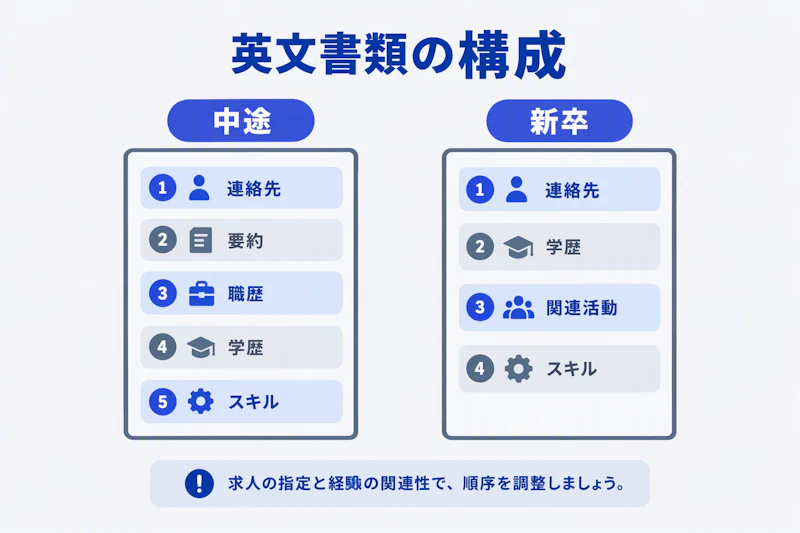 中途と新卒の英文レジュメの項目順を比較した図