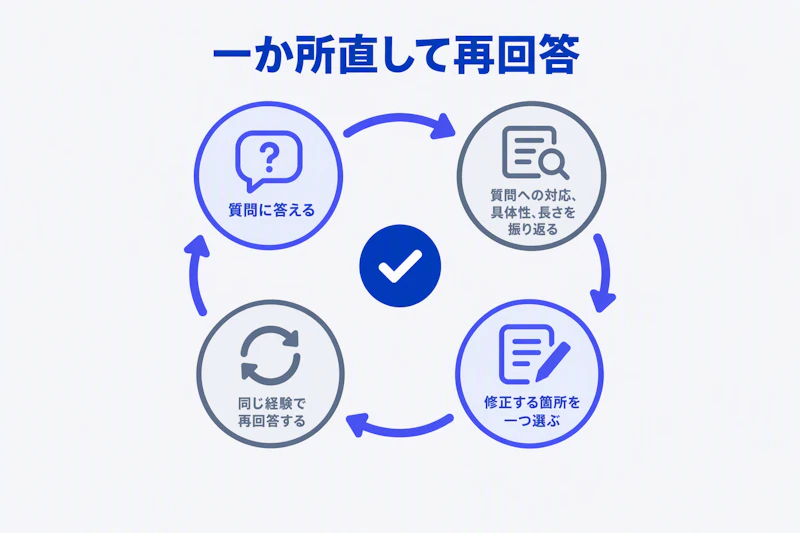 回答、振り返り、一か所修正、再回答の順で面接練習を改善する図