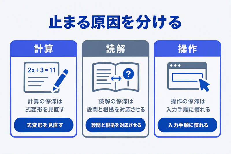 計算・読解・操作に分けて時間不足の改善方法を選ぶ図