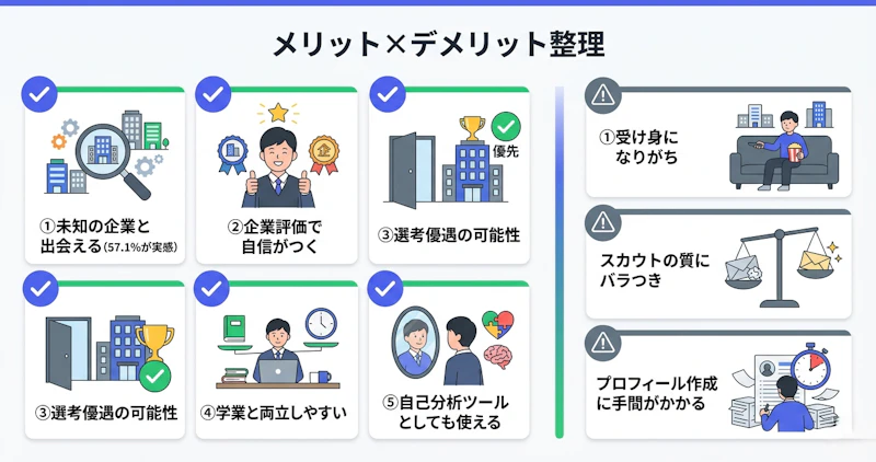 新卒スカウト型就活のメリット5つとデメリット3つを比較した図解