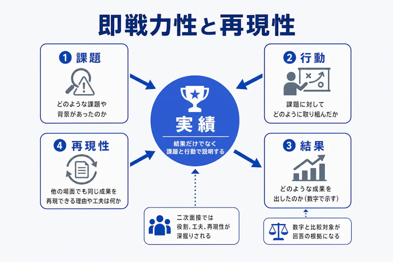 二次面接で実績の再現性を伝えるための要素を示した図