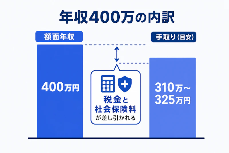 年収400万円の額面と年間手取りの目安を比較した図