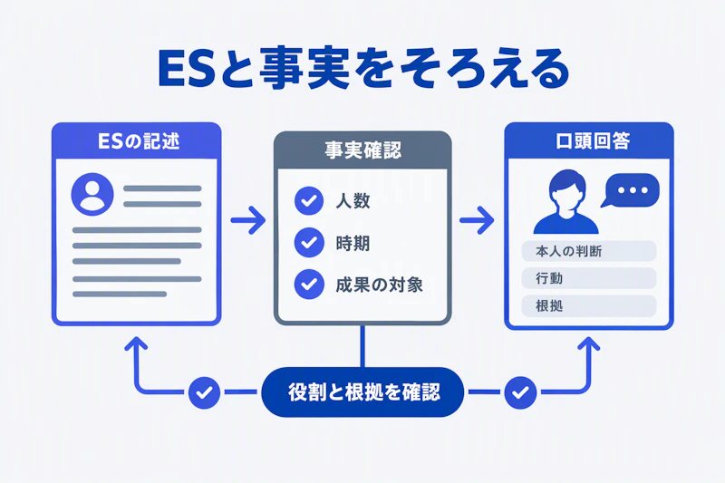 ESの記述を事実と照合し、本人の行動と根拠を口頭で補う図