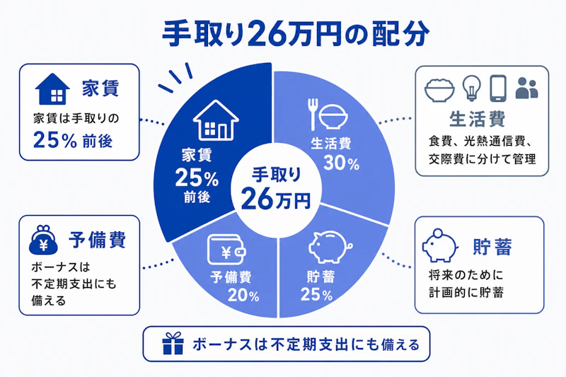手取り月額26万円を想定した一人暮らしの家計配分図
