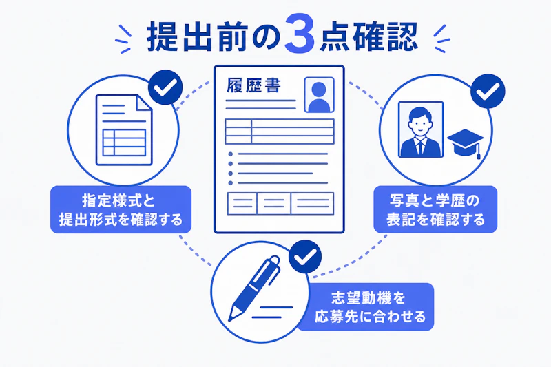 新卒の履歴書で指定様式、証明写真、志望動機を確認する図解