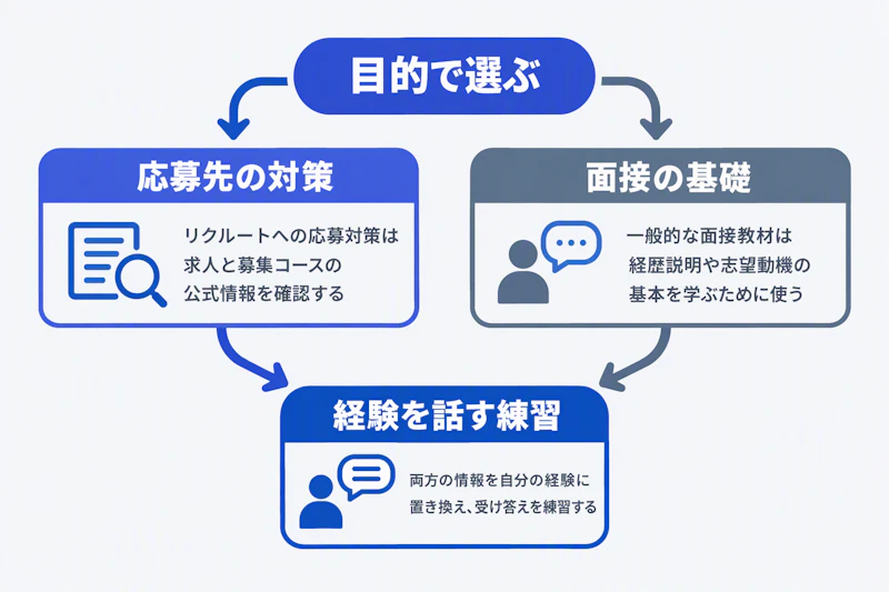 応募先の公式情報と一般的な面接教材を目的別に使い分ける図