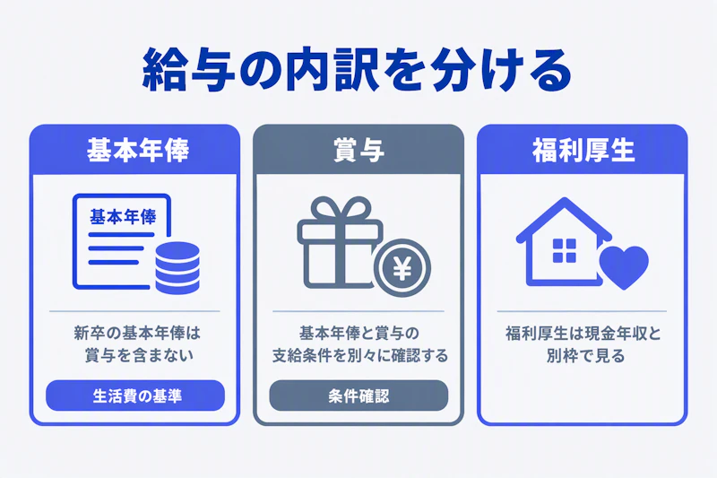 基本年俸と賞与と福利厚生を分けて待遇を確認する図