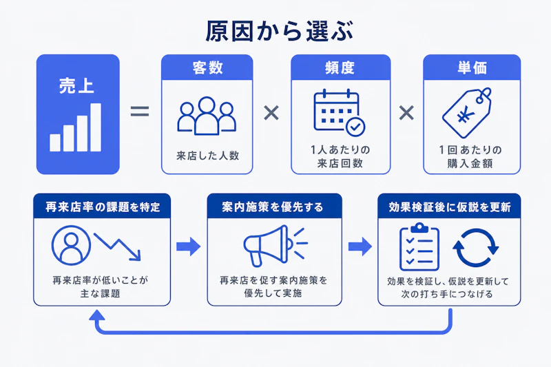 小売の売上向上ケースで原因から施策を選ぶ図