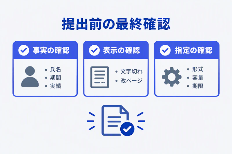 事実、表示、提出指定の3つを確認するチェック図