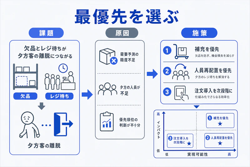 小売店の夕方需要を分析し施策の優先順位を決める図