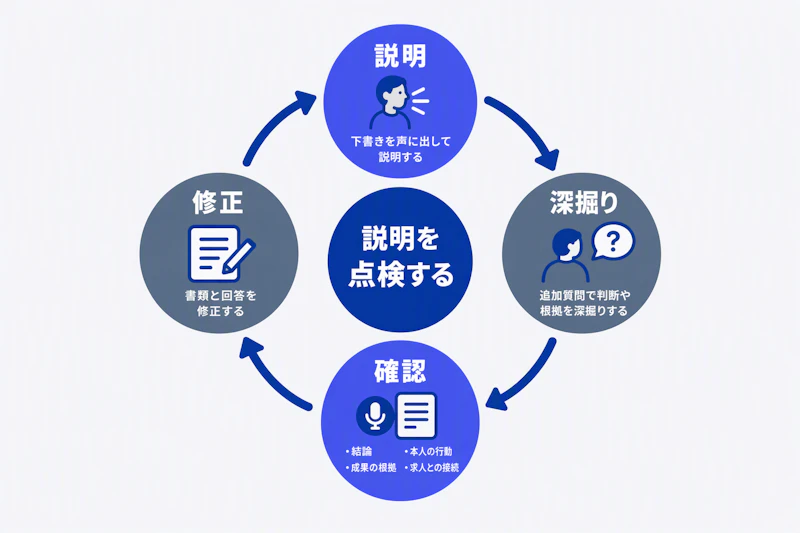 説明、深掘り、確認、修正を循環させる面接練習の図