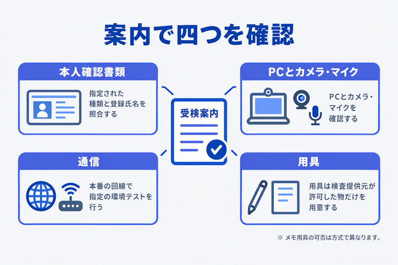 受検案内を基準に本人確認書類・PC・通信環境・用具を確認する図