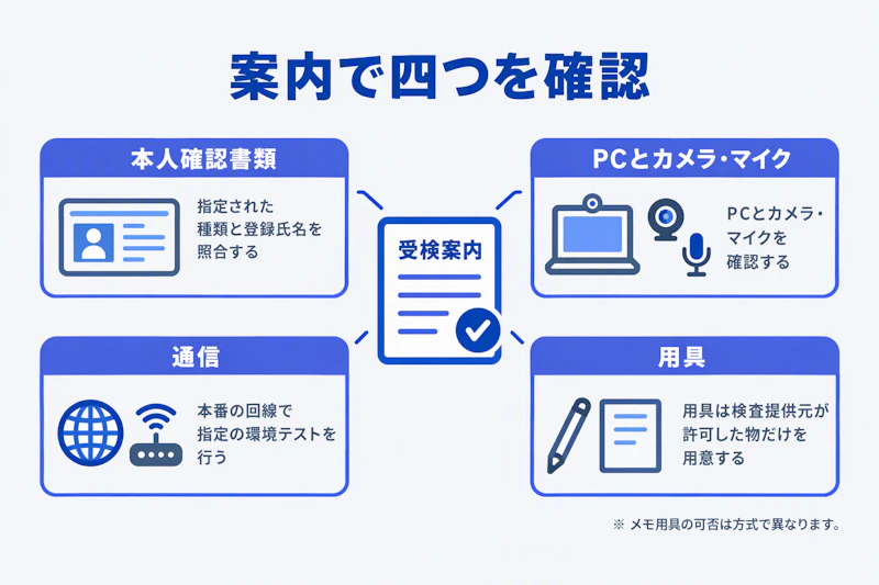 受検案内を基準に本人確認書類・PC・通信環境・用具を確認する図