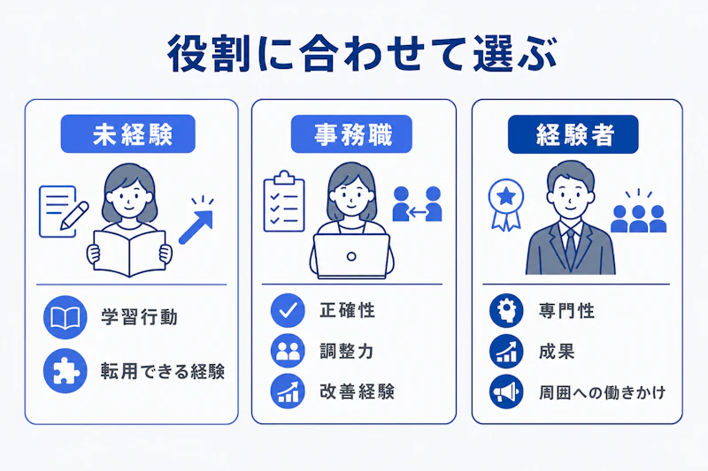経験や職種に応じて二次面接で伝える内容を示す図