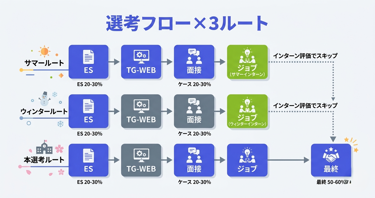デロイト新卒選考の3ルート(サマー・ウィンター・本選考)と各段階の通過率を示すフロー図