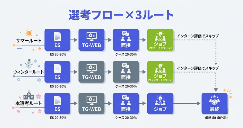 デロイト新卒選考の3ルート(サマー・ウィンター・本選考)と各段階の通過率を示すフロー図