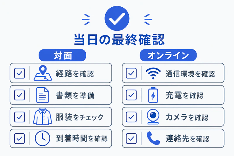 対面とオンラインの面接当日に確認する項目を並べた図