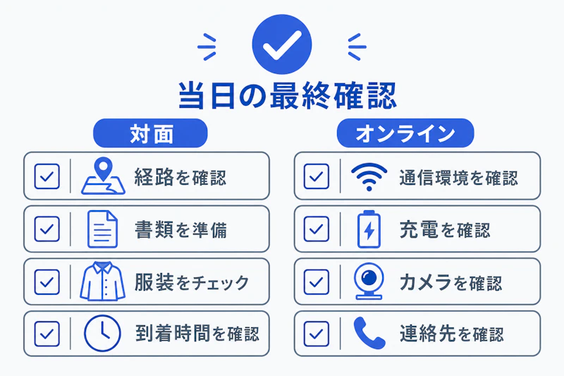 対面とオンラインの面接当日に確認する項目を並べた図