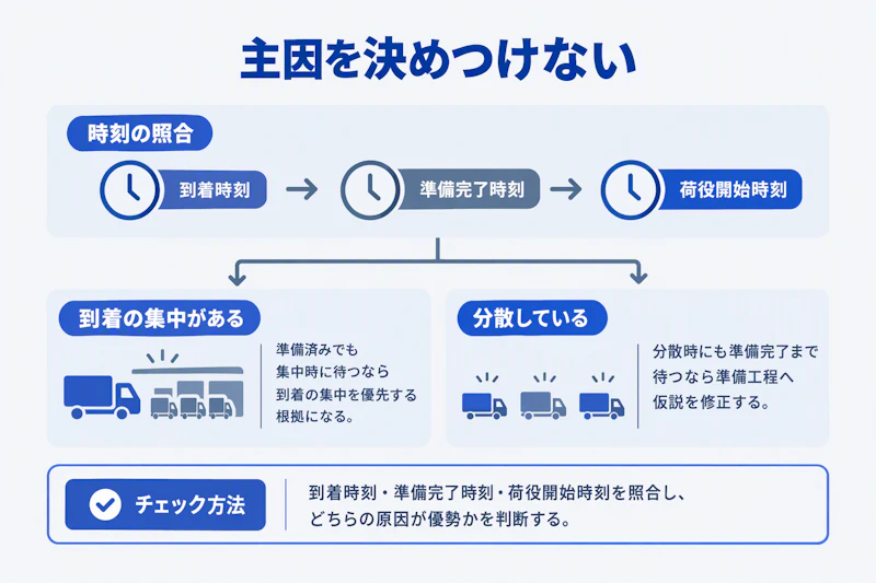 荷待ちの原因を到着時刻と準備完了時刻から照合し仮説を更新する図