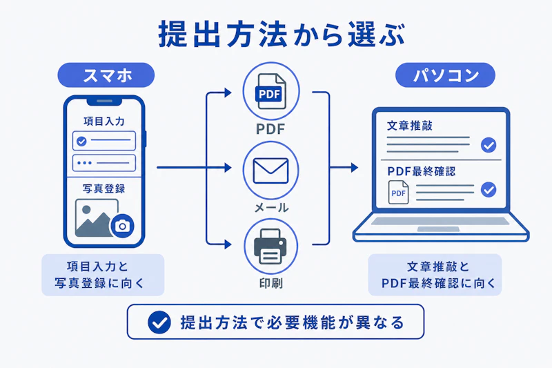 スマホとパソコンを使い分けて履歴書を提出する流れの図解